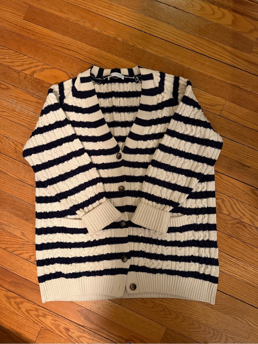 Zara Navy and Cream Striped Button-Front Cardigan